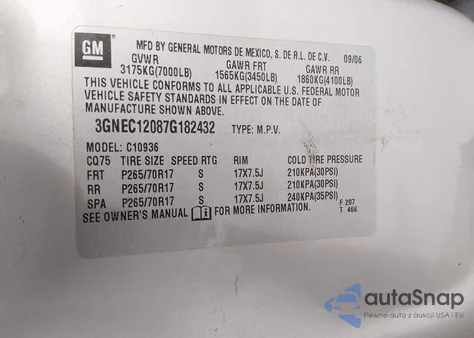 2007 Chevrolet Avalanche 1500 Ls из США, поврежденный, VIN 3GNEC12087G182432